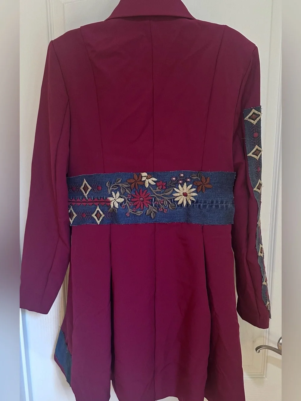 Upcycled Burgundy Patchwork long Blazer size L